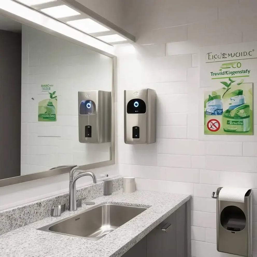 The image depicts a modern, clean restroom in a commercial setting (1)
