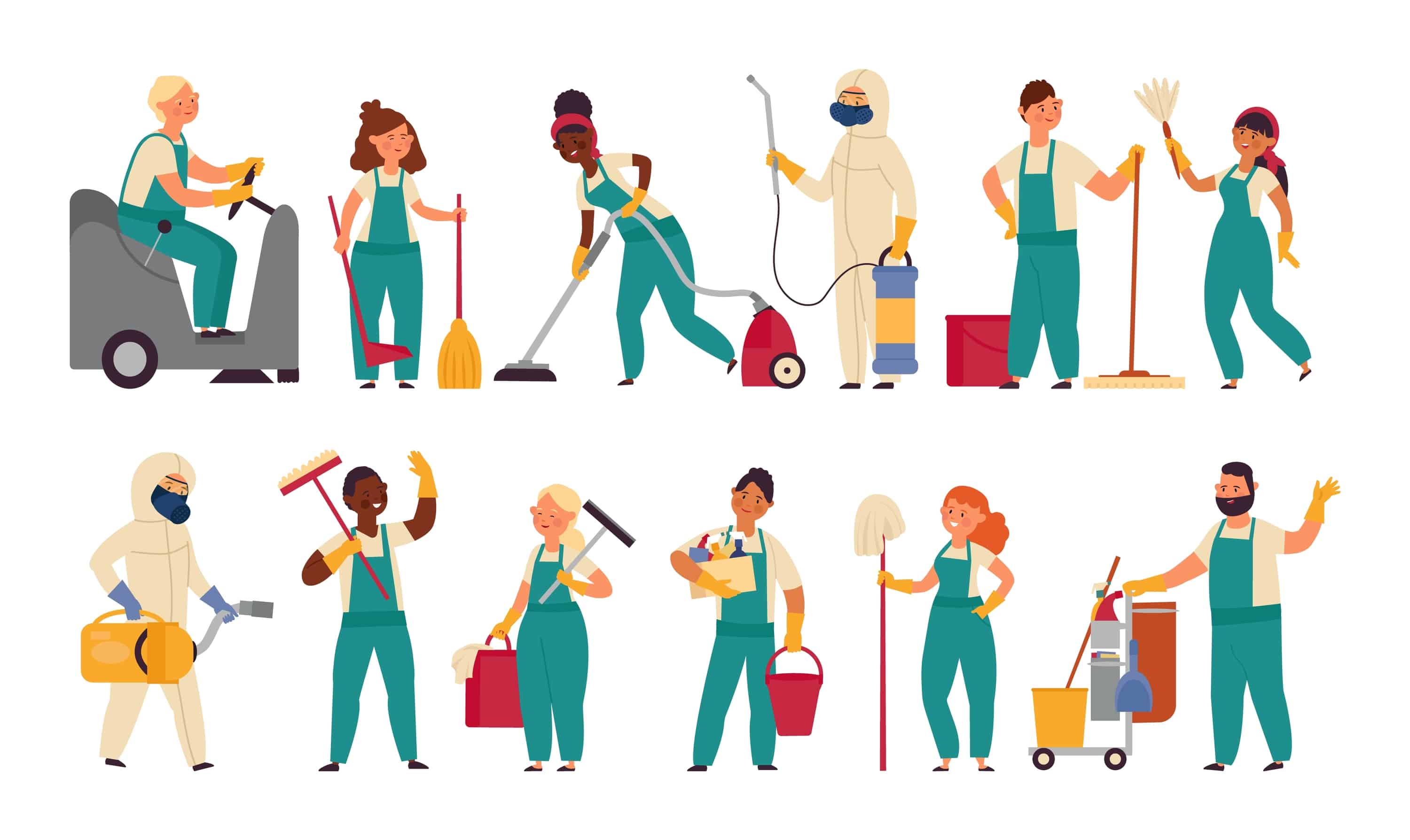 Clip art of different cleaning staff with cleaning supplies and masks