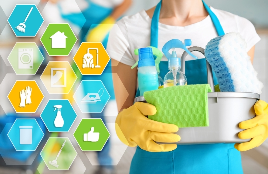 office cleaning lady with yellow gloves - cleaning icons are shown